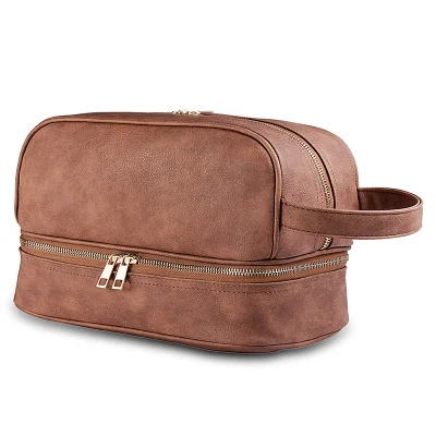 Trousse de toilette de voyage pour hommes Logo personnalisé en cuir PU sac cosmétique marron avec pochette de toilette à poignée